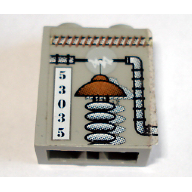 light gray brick 1 x 2 x 2 with inside axle holder with black 53035 on white rectangle and lab equipment pattern sticker - set 1382