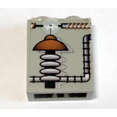 light gray brick 1 x 2 x 2 with inside axle holder with lab equipment pattern sticker - set 1382