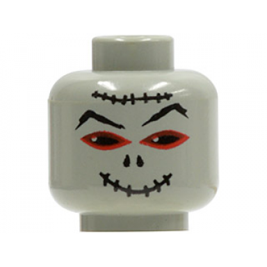 light gray minifigure head alien mummy with black and red eyes eyebrows nose holes stitched smile mouth and forehead scar pattern