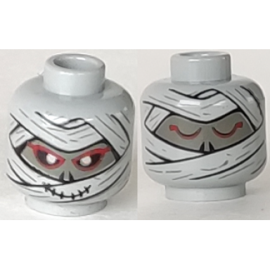 light gray minifigure head dual sided alien mummy with dark gray face wrappings black and red eyes smile awake asleep pattern