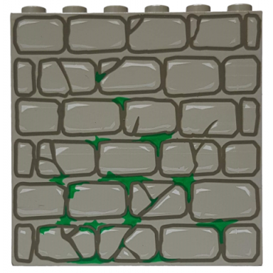light gray brick 1 x 6 x 5 with stones with cracks and green moss pattern