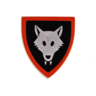light gray minifigure shield triangular short with wolfpack oval eyes red border around black background pattern