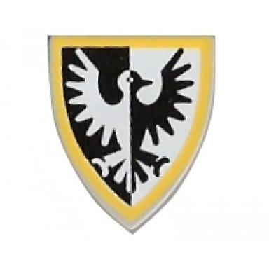 light gray minifigure shield triangular short with black and white falcon with yellow border pattern