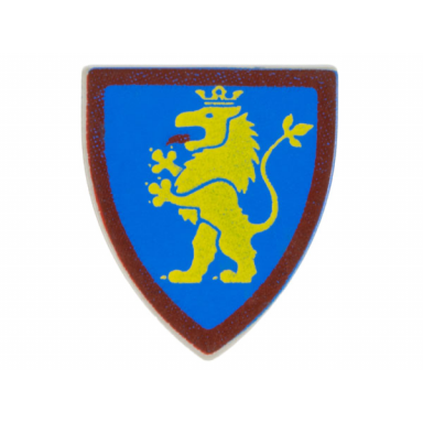 light gray minifigure shield triangular short with yellow lion standing on blue background with red border pattern