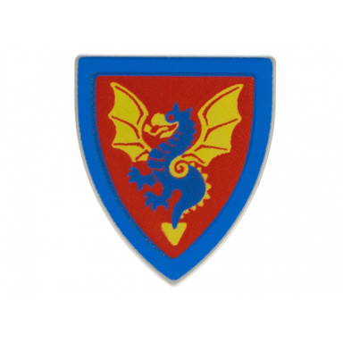 light gray minifigure shield triangular short with blue and yellow dragon on red background pattern