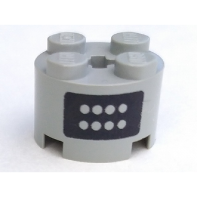light gray brick round 2 x 2 with axle hole with buttons on black panel pattern on both sides
