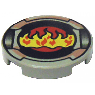 light gray tile round 2 x 2 with yellow flames on black and red circle with sand red border pattern