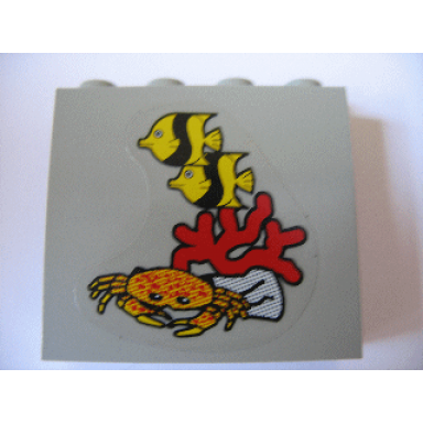 light gray panel 1 x 4 x 3 - hollow studs with fish coral and crab pattern sticker - set 1782