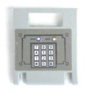 light gray container box 2 x 2 x 2 door with slot with keypad and blue and red buttons on dark gray background pattern sticker - set 7035