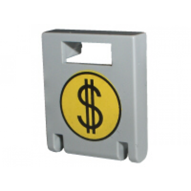 light gray container box 2 x 2 x 2 door with slot with black dollar sign $ on yellow circle pattern