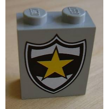 light gray panel 1 x 2 x 2 - solid studs with yellow star on black and white police badge pattern