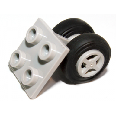 light gray plate modified 2 x 2 thin with dual wheels holder - split pins with light gray wheels and black tires 4870 4624 3139