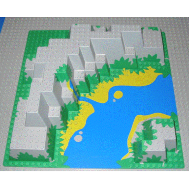light gray baseplate raised 32 x 32 canyon with blue river green plants and yellow sand banks pattern