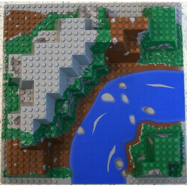 light gray baseplate raised 32 x 32 canyon with blue river with rocks brown and green mountain pattern