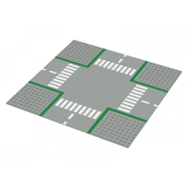 light gray baseplate road 32 x 32 9-stud crossroads with road pattern