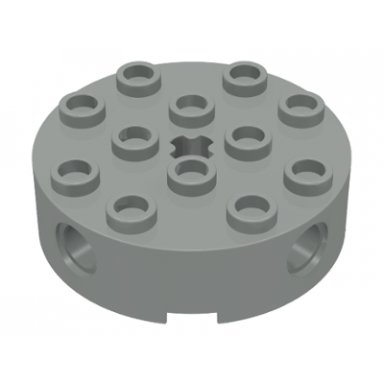 light gray brick round 4 x 4 with 4 side pin holes and center axle hole