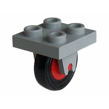 light gray plate modified 2 x 2 with wheel holder bottom with red wheel with black tire 14mm d x 4mm smooth small single 8 3464c01