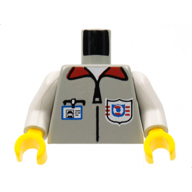 light gray torso rescue coast guard logo id badge red collar zipper pattern white arms yellow hands