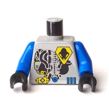 light gray torso space ufo pentagonal yellow logo and 3 blue bars pattern blue arms black hands