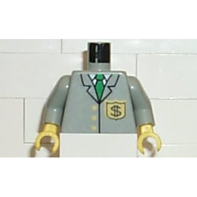 light gray torso bank employee jacket with tie and dollar sign badge pattern light gray arms yellow hands