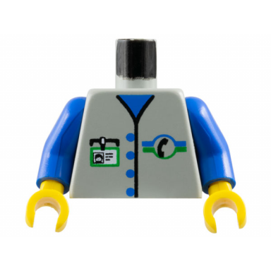 light gray torso vest with buttons and black telephone logo over blue shirt white id badge with green border pattern blue arms yellow hands