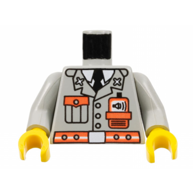 light gray torso fire jacket with pocket black tie neon orange radio and belt white undershirt and buckle pattern light gray arms yellow hands