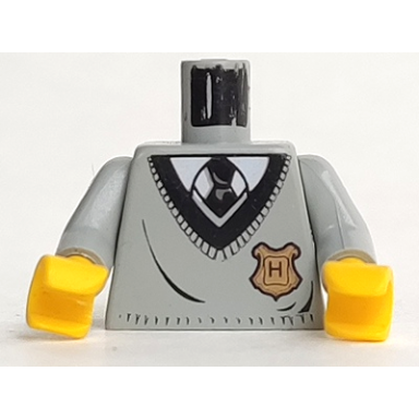light gray torso v-neck sweater with black collar and gold hogwarts crest over white shirt tie pattern light gray arms yellow hands
