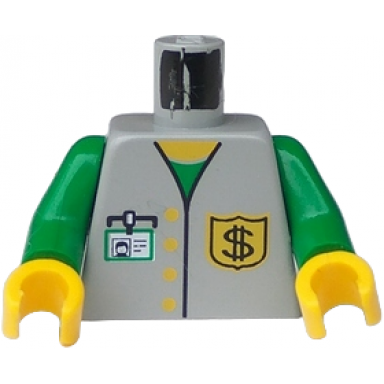 light gray torso vest with buttons and black dollar sign $ badge over green shirt white id badge yellow neck pattern green arms yellow hands