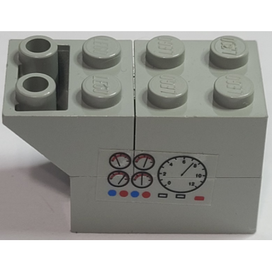light gray stickered assembly 4 x 2 x 2 with gauges and buttons pattern on both sides stickers - set 6614 - 1 brick 2 x 3 1 brick 2 x 2 1 slope inverted 2 x 2