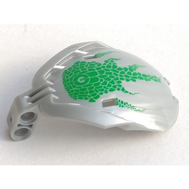 pearl light gray bionicle bohrok windscreen 4 x 5 x 7 with green scales and lehvak-kal logo pattern