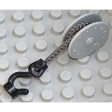 pearl light gray duplo winch drum narrow high with dark bluish gray thick rope and black thin hook rotating with stud holder