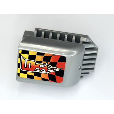 pearl light gray technic engine tuneable block with trapezoidal air scoop with orange yellow black and white number 9 and checkered pattern sticker - set 8376