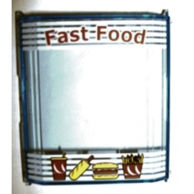 trans-medium blue panel 2 x 8 x 8 with red fast food drink cup hamburger and fries on white stripes pattern