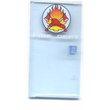 trans-medium blue door 1 x 4 1 2 x 6 with white fire dept and circle symbol with fire crossed axes and red helmet pattern
