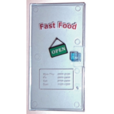 trans-medium blue door 1 x 4 1 2 x 6 with red fast food white open on green sign and hours of operation pattern