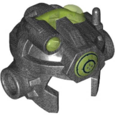 pearl dark gray minifigure headgear helmet open chin with antenna and studs on sides with molded trans-bright green top and front light and printed black target pattern