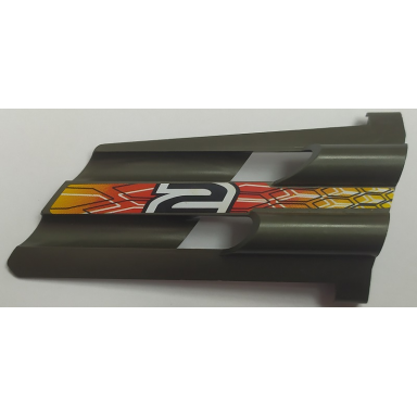 pearl dark gray technic panel fairing 3 large long large holes side a with number 2 and flames with black and white honeycomb pattern sticker - set 8472