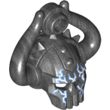 pearl dark gray minifigure headgear helmet alien skull with 2 curved horns and stud with blue and white lightning pattern