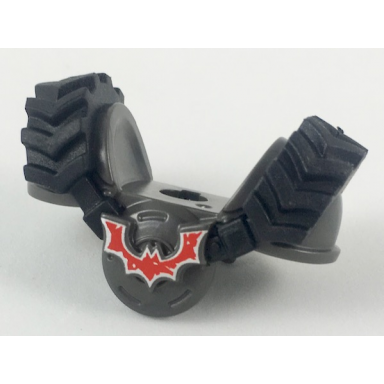 pearl dark gray minifigure armor breastplate with rubber tire treads and red crooked bat pattern