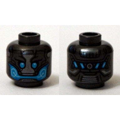 pearl dark gray minifigure head alien with blue eyes and mouth and silver plates pattern