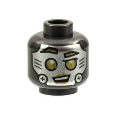 pearl dark gray minifigure head alien robot with silver face screws on cheeks and gold eyes eyebrows and lips pattern