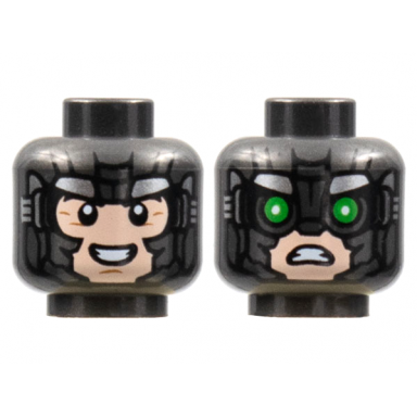pearl dark gray minifigure head dual sided armor with light nougat face silver trim eyes showing goggles with green lenses pattern