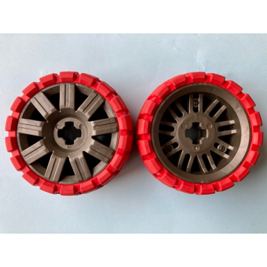 pearl dark gray wheel 72 x 34 with red tire 94 x 40 balloon offset tread