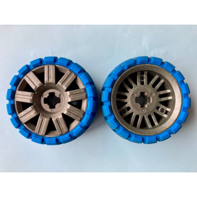 pearl dark gray wheel 72 x 34 with blue tire 94 x 40 balloon offset tread