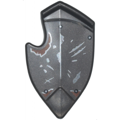 pearl dark gray minifigure shield broad pointed bottom and cutout corner with dark silver scratches and rivets and reddish brown rust pattern