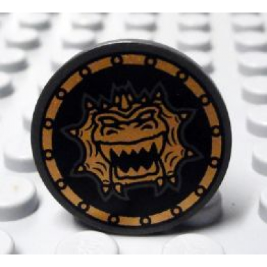 pearl dark gray minifigure shield circular round flat face with gold dragon head with jagged teeth pattern