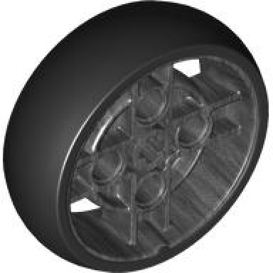 pearl dark gray wheel 43 x 14 technic with axle hole and 4 pin holes with molded black hard rubber tire pattern