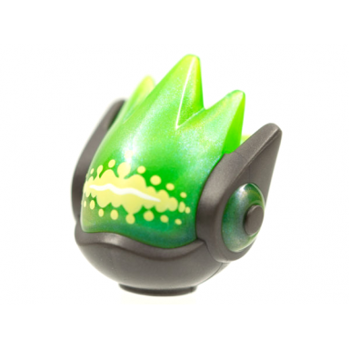 pearl dark gray minifigure head modified alien with satin trans-bright green face and spikes and yellowish green dots on forehead pattern