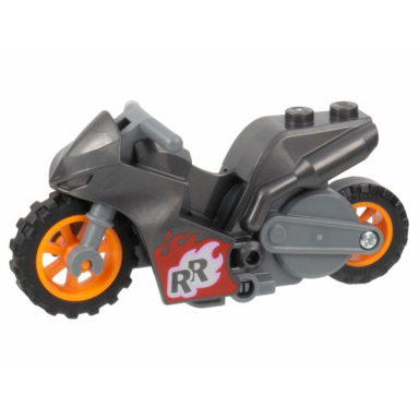 pearl dark gray stuntz flywheel motorcycle sport bike tapered front with dark bluish gray frame orange wheels and dark bluish gray handlebars with rr in silver flames and red and blue flame on opposite sides pattern