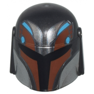 pearl dark gray minifigure headgear helmet with holes sw mandalorian with black silver reddish brown and medium azure pattern